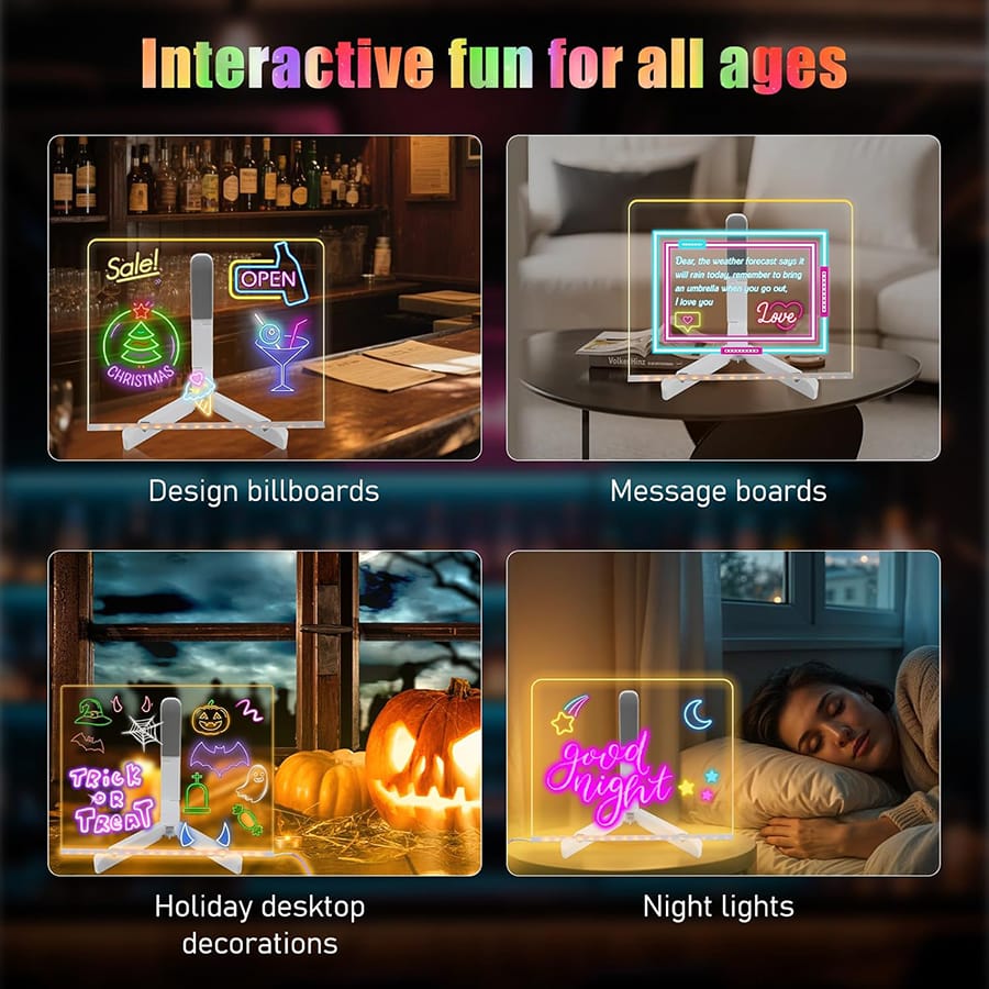 LED Light-Up Writing Board With 7 Marker – 15×15 cm Acrylic Message Pad with Stand | Colorful DIY Notes & Erasable Neon Pens