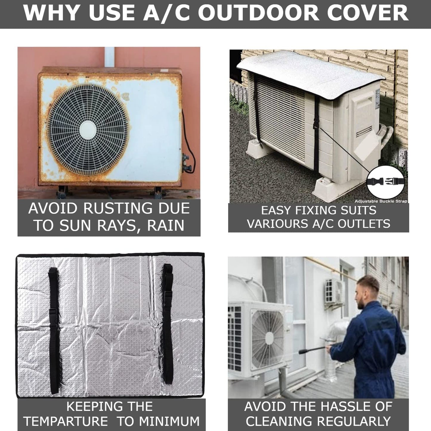 AC Outdoor Unit Sunshade Cover 3mm – Silver Foil Reflective Heat Shield & Dust Protector for Air Conditioner External Units With Clip